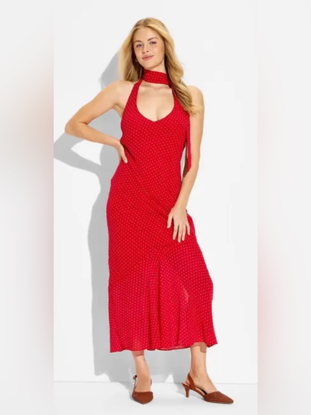 wild fable Red Polka Dot Halter Maxi Dress with removable Scarf